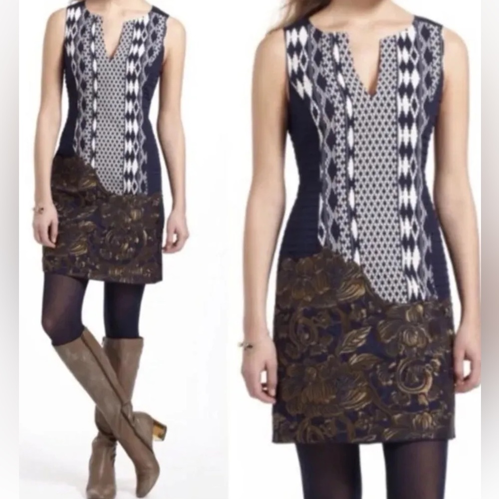 Anthropologie Floreat Mika Dark Gold Embroidered Jacquard Navy Shift Dress